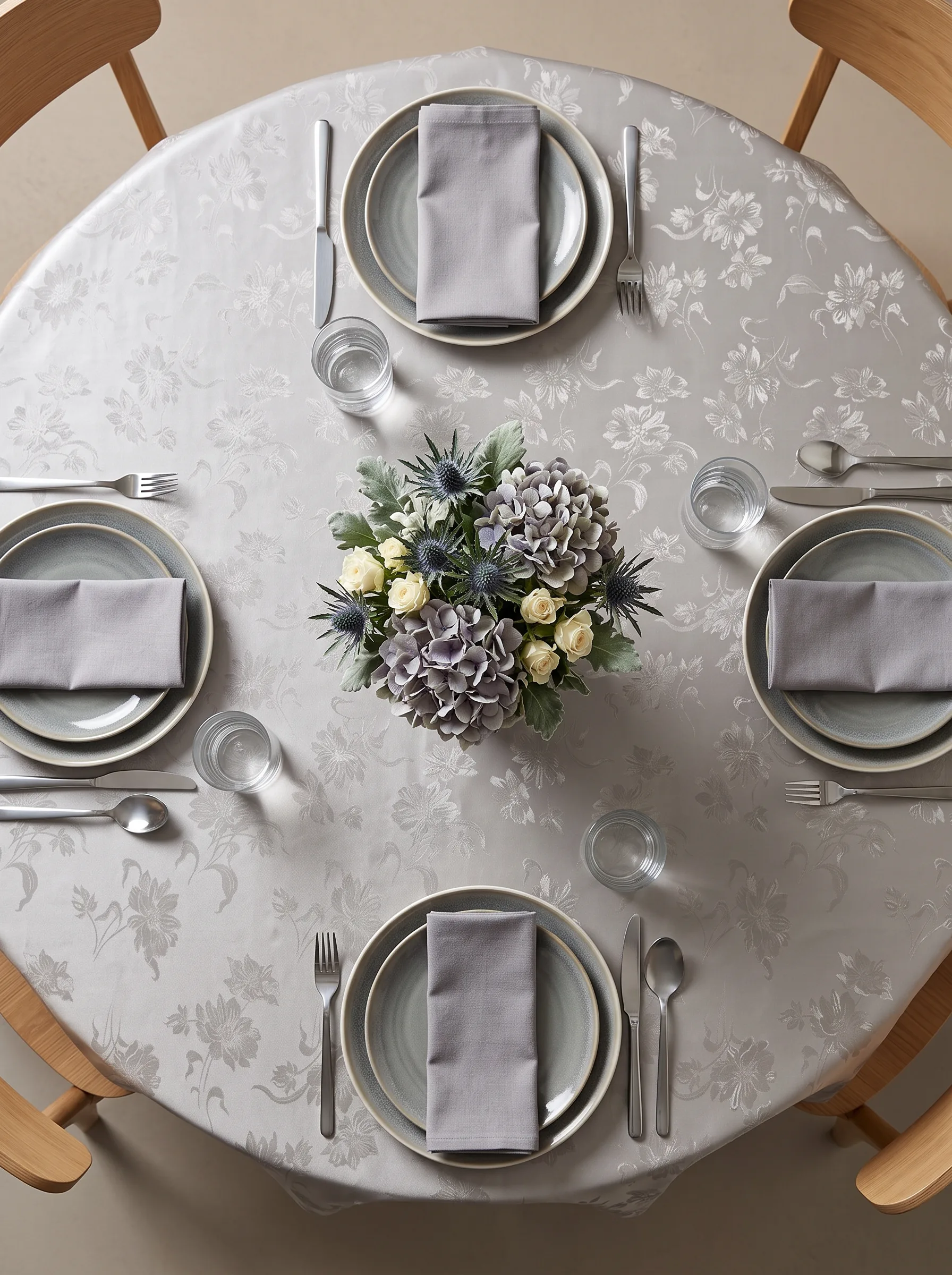 Toile cirée molletonné Damast Gris – motif floral façon damassé en camaïeu de gris et blanc, OEKO-TEX®, largeur 140 cm