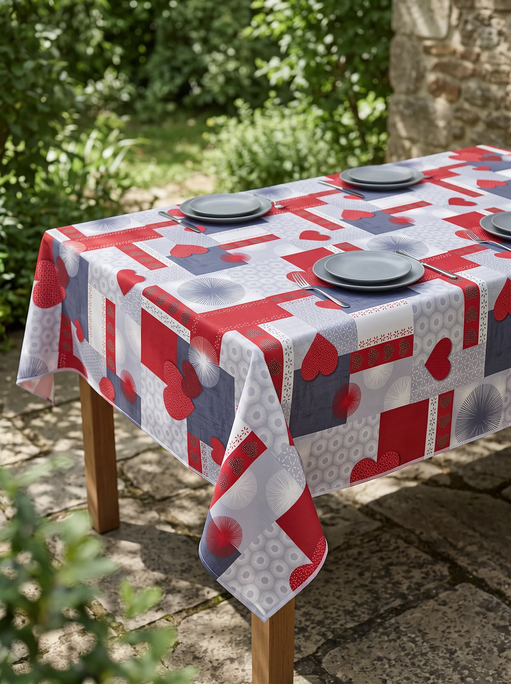 Détail du motif cœurs et graphismes rouge et gris – nappe polyester sur mesure Estelle rouge