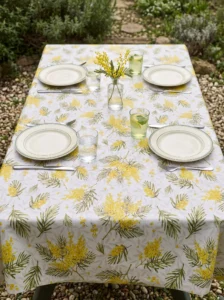 Toile cirée déco Mimosa blanc sur table rectangulaire dressée en extérieur – grappes de mimosa jaune doré et feuillages verts sur fond blanc, ambiance jardin printanier