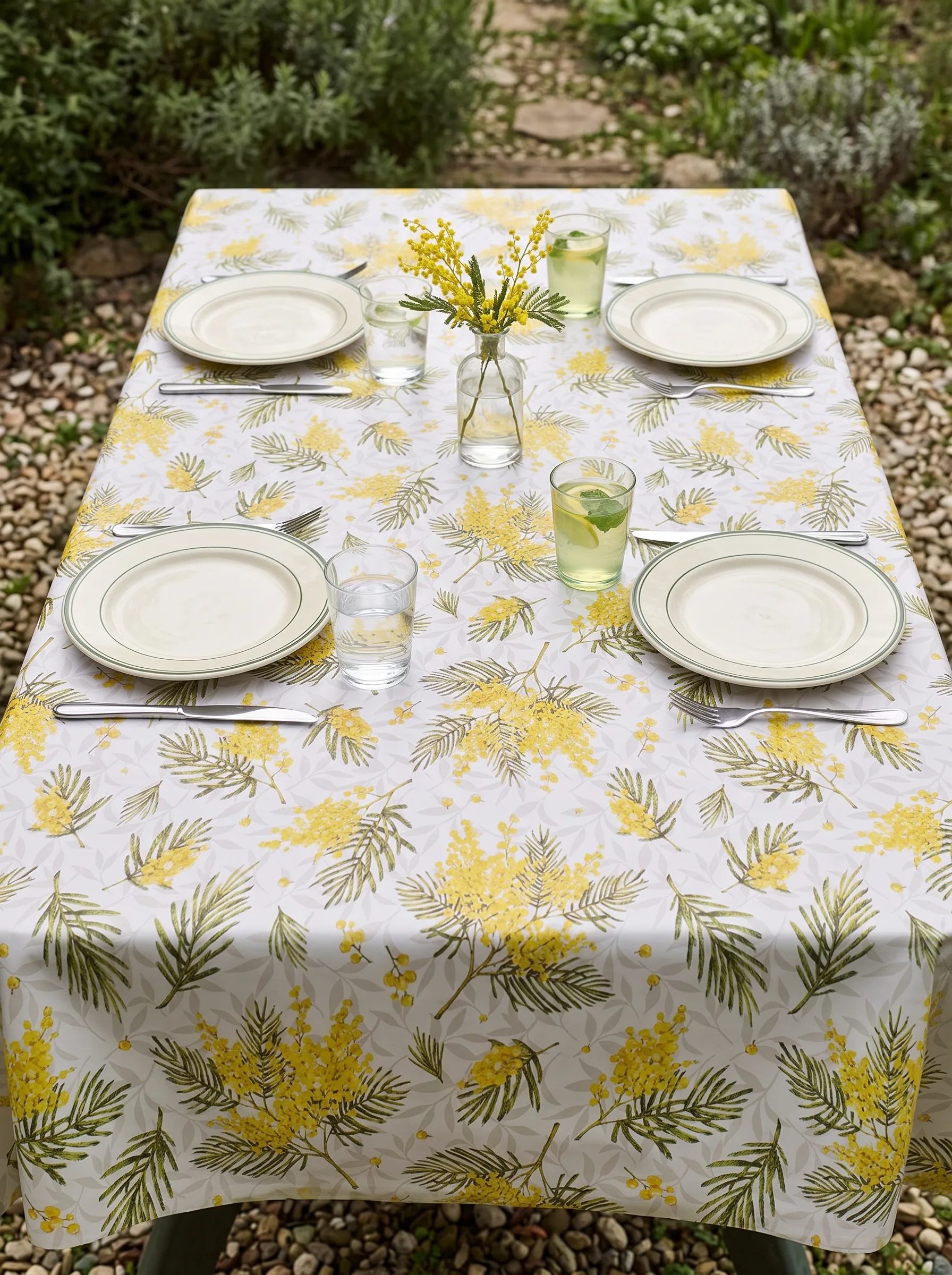Toile cirée déco Mimosa blanc sur table rectangulaire dressée en extérieur – grappes de mimosa jaune doré et feuillages verts sur fond blanc, ambiance jardin printanier