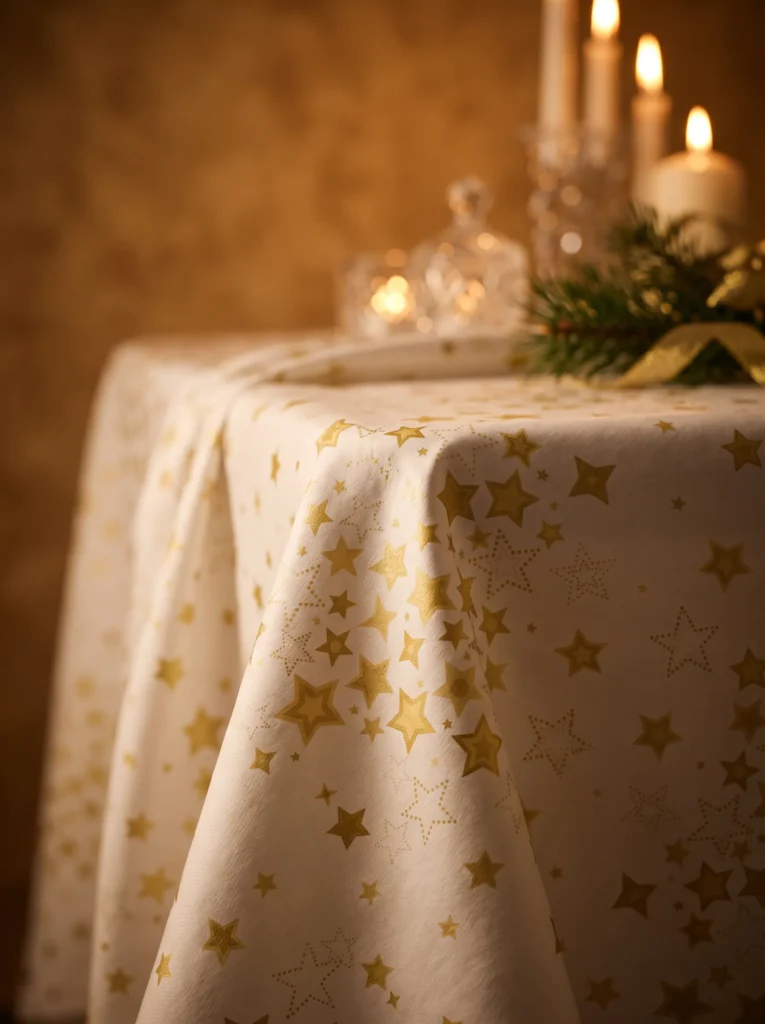 Gros plan sur la toile cirée déco Étoile d'Or en retombée de table – motif étoiles dorées pleines et en pointillés sur fond blanc crème, souplesse de la toile visible, ambiance bougies