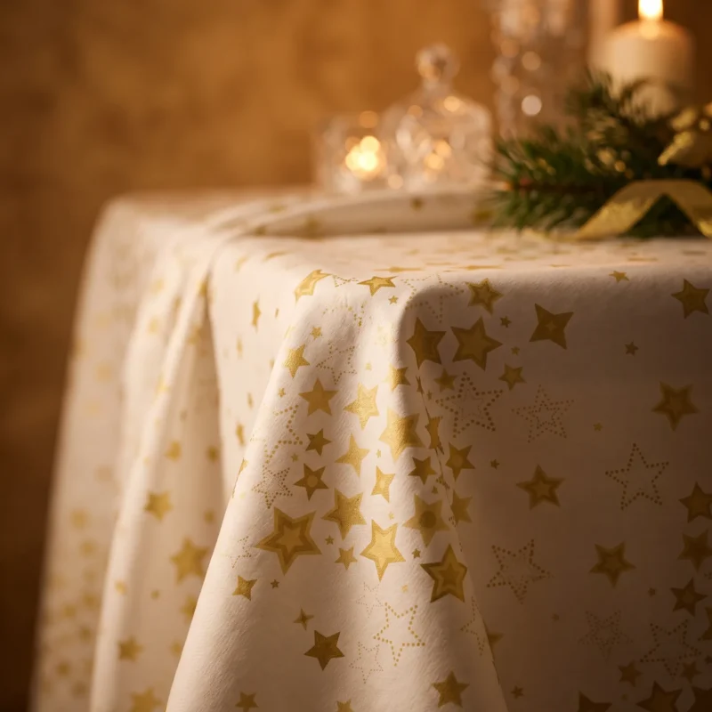 Gros plan sur la toile cirée déco Étoile d'Or en retombée de table – motif étoiles dorées pleines et en pointillés sur fond blanc crème, souplesse de la toile visible, ambiance bougies