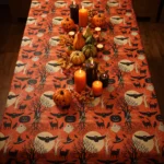 Toile cirée Happy Halloween – motif festif chats noirs, citrouilles et fantômes sur fond rouge orangé, largeur 140 cm