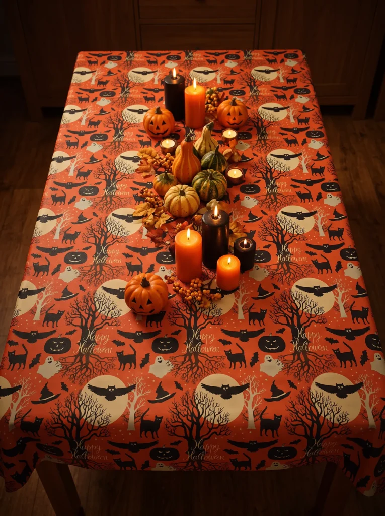 Toile cirée Happy Halloween – motif festif chats noirs, citrouilles et fantômes sur fond rouge orangé, largeur 140 cm