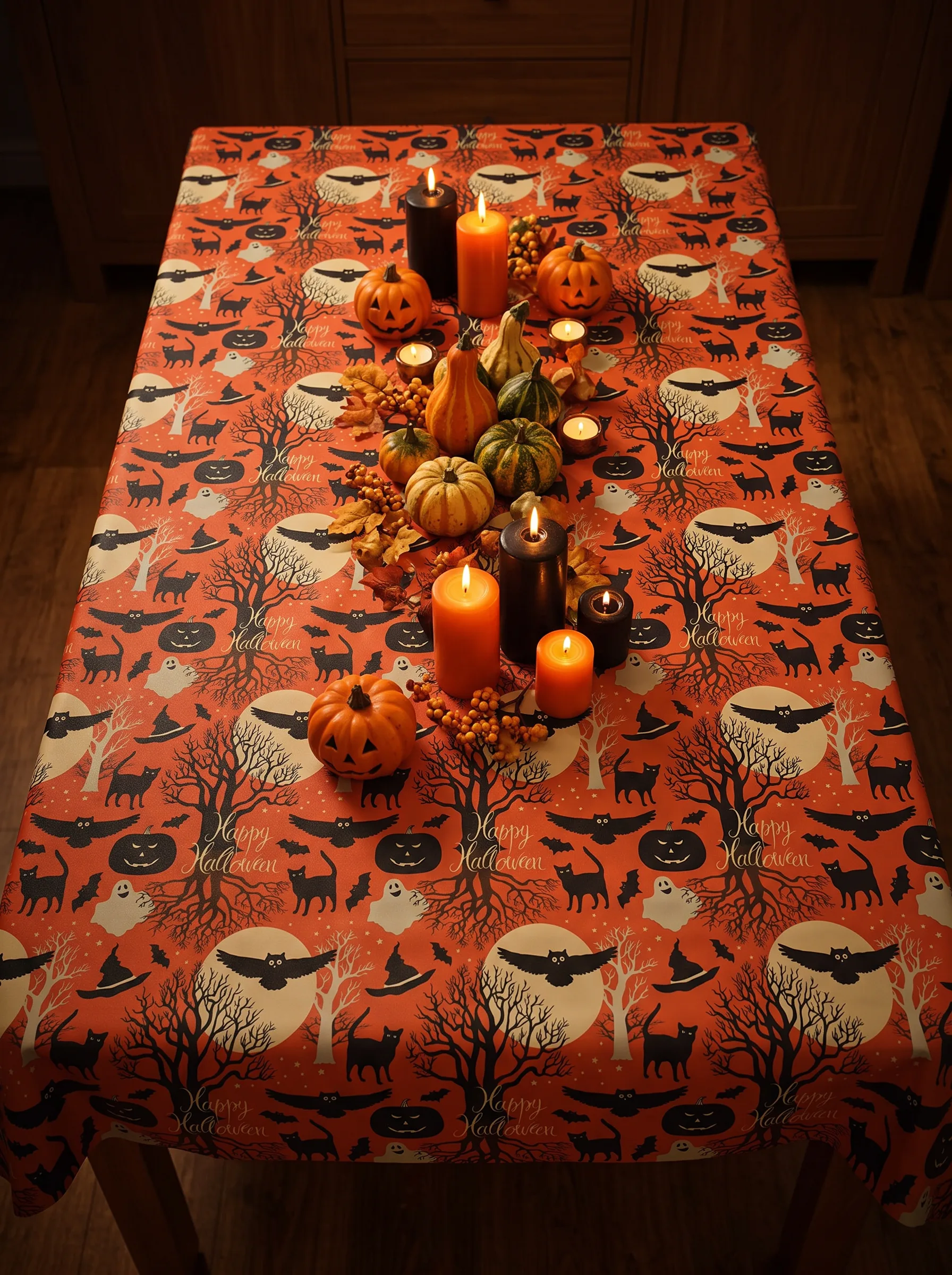 Toile cirée Happy Halloween – motif festif chats noirs, citrouilles et fantômes sur fond rouge orangé, largeur 140 cm