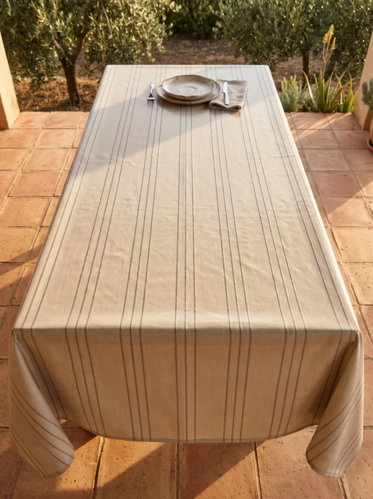 Gros plan sur le motif de la toile cirée déco Riviera beige – rayures fines à reflets métallisés argentés sur fond beige sable, texture effet lin