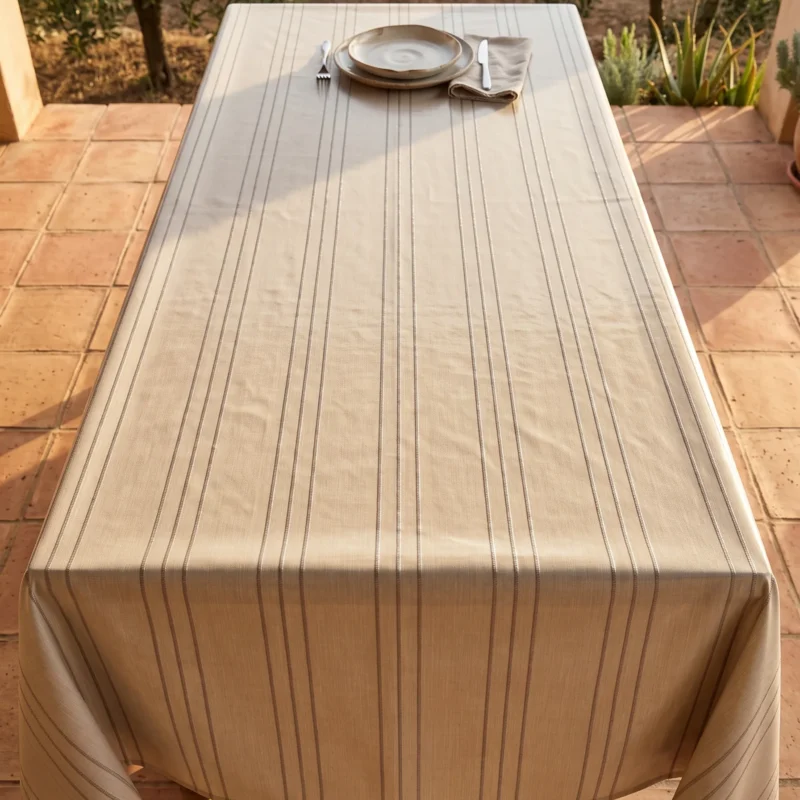 Gros plan sur le motif de la toile cirée déco Riviera beige – rayures fines à reflets métallisés argentés sur fond beige sable, texture effet lin