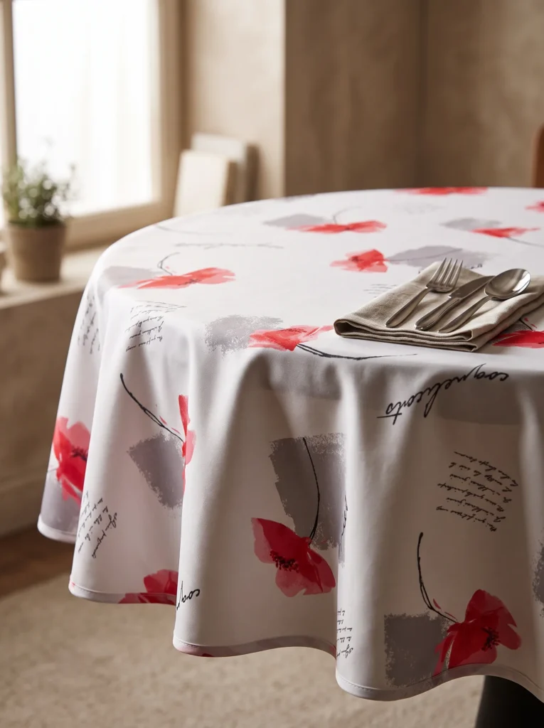 Nappe polyester sur mesure Poppies blanc sur table ovale – motif coquelicots rouge et gris, rendu aérien