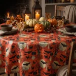 Toile cirée Happy Halloween – motif festif chats noirs, citrouilles et fantômes sur fond rouge orangé, largeur 140 cm