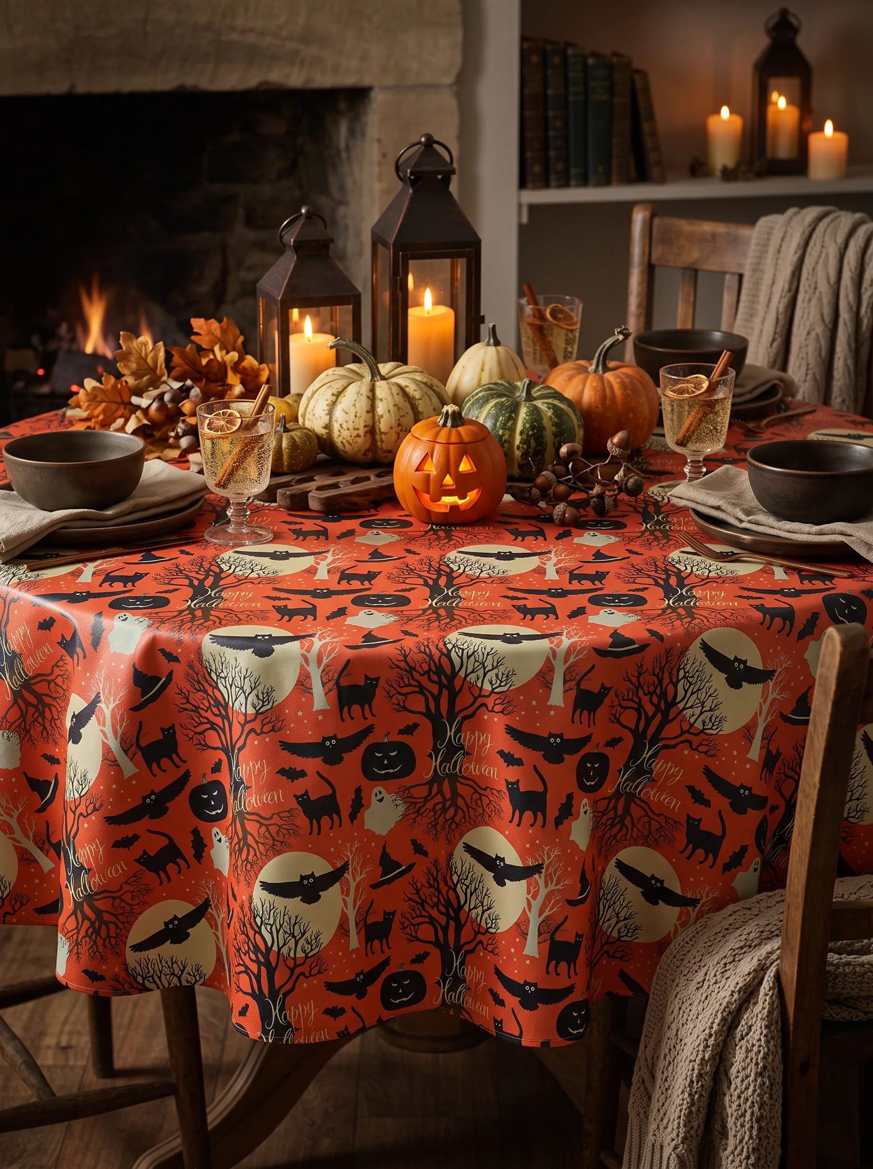 Toile cirée Happy Halloween – motif festif chats noirs, citrouilles et fantômes sur fond rouge orangé, largeur 140 cm
