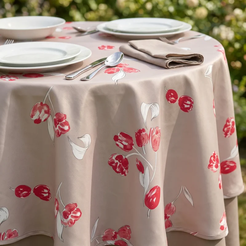 Nappe polyester sur mesure Tulipe taupe – motif tulipes rouge vif sur fond taupe rosé