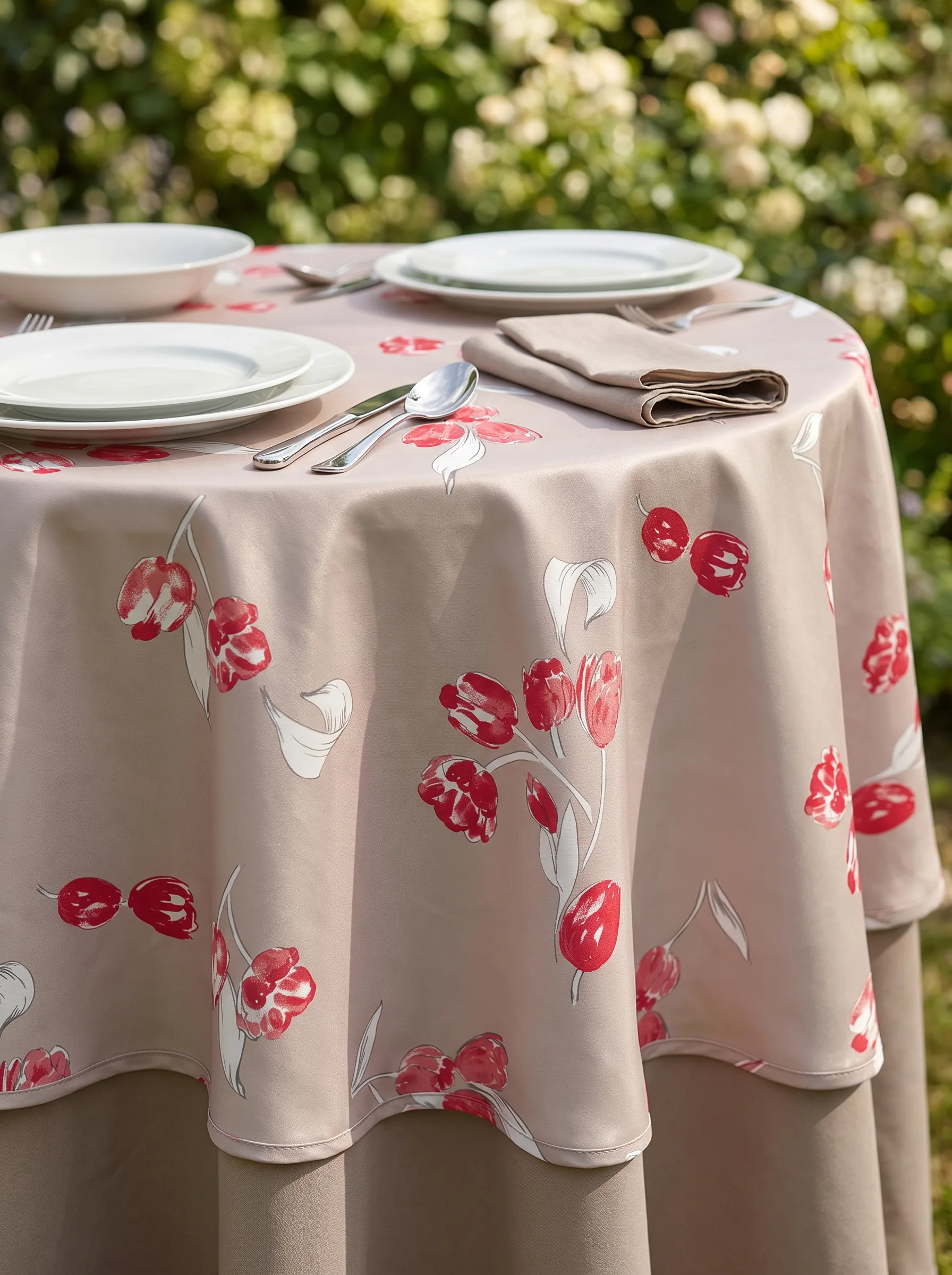 Nappe polyester sur mesure Tulipe taupe – motif tulipes rouge vif sur fond taupe rosé