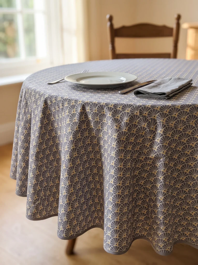 Détail du motif éventail art déco gris et doré – nappe polyester sur mesure Manon gris