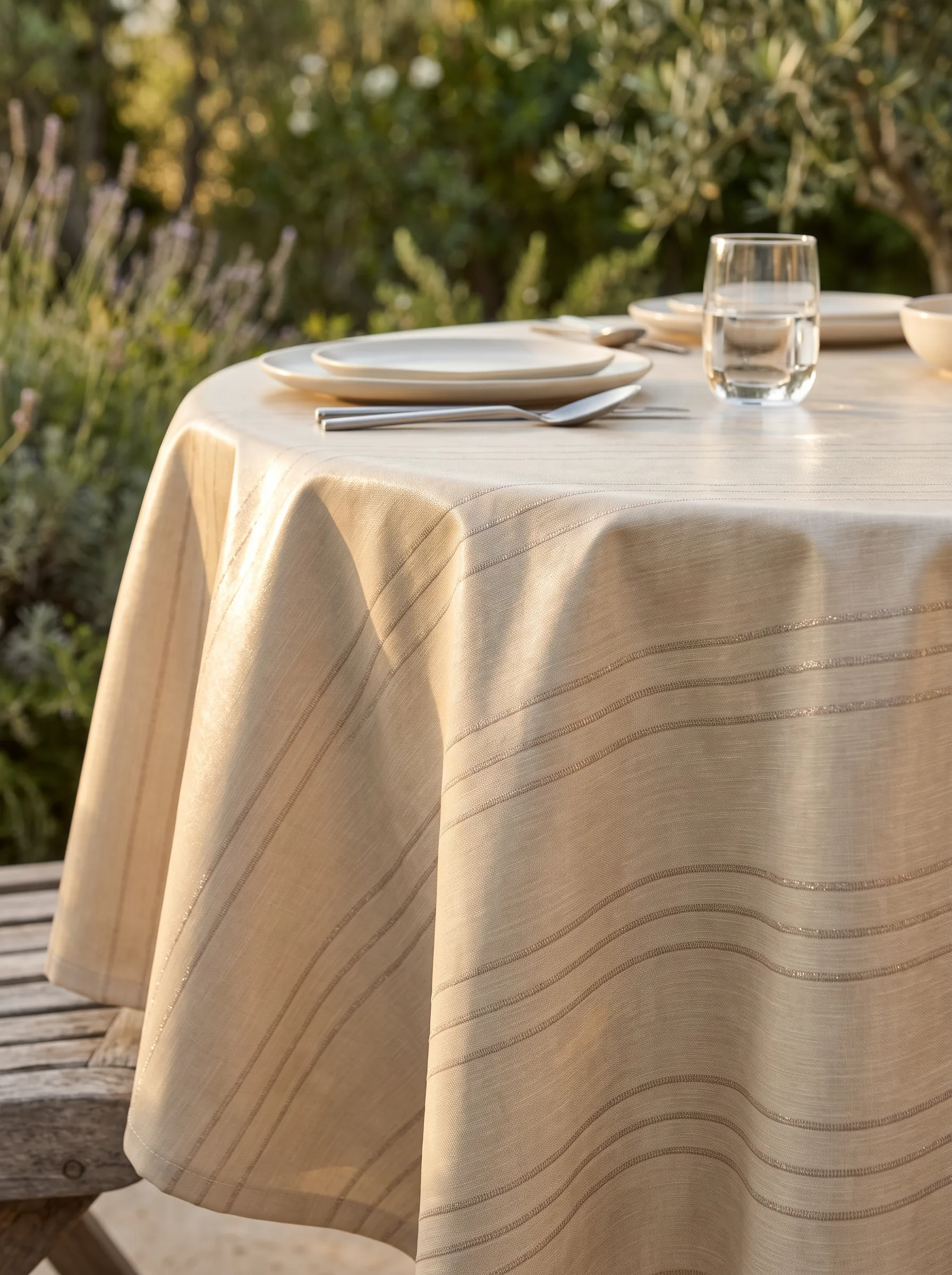 Toile cirée déco Riviera beige sur table ronde dressée – rayures fines argentées sur fond beige sable effet lin, ambiance intérieur chaleureux
