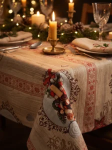 Gros plan sur la toile cirée déco Père Noël Vintage sur table rectangulaire dressée – médaillon baroque Père Noël vintage, étoiles rouges et flocons sur fond beige bois, chandelier doré et guirlande lumineuse, ambiance réveillon tamisé