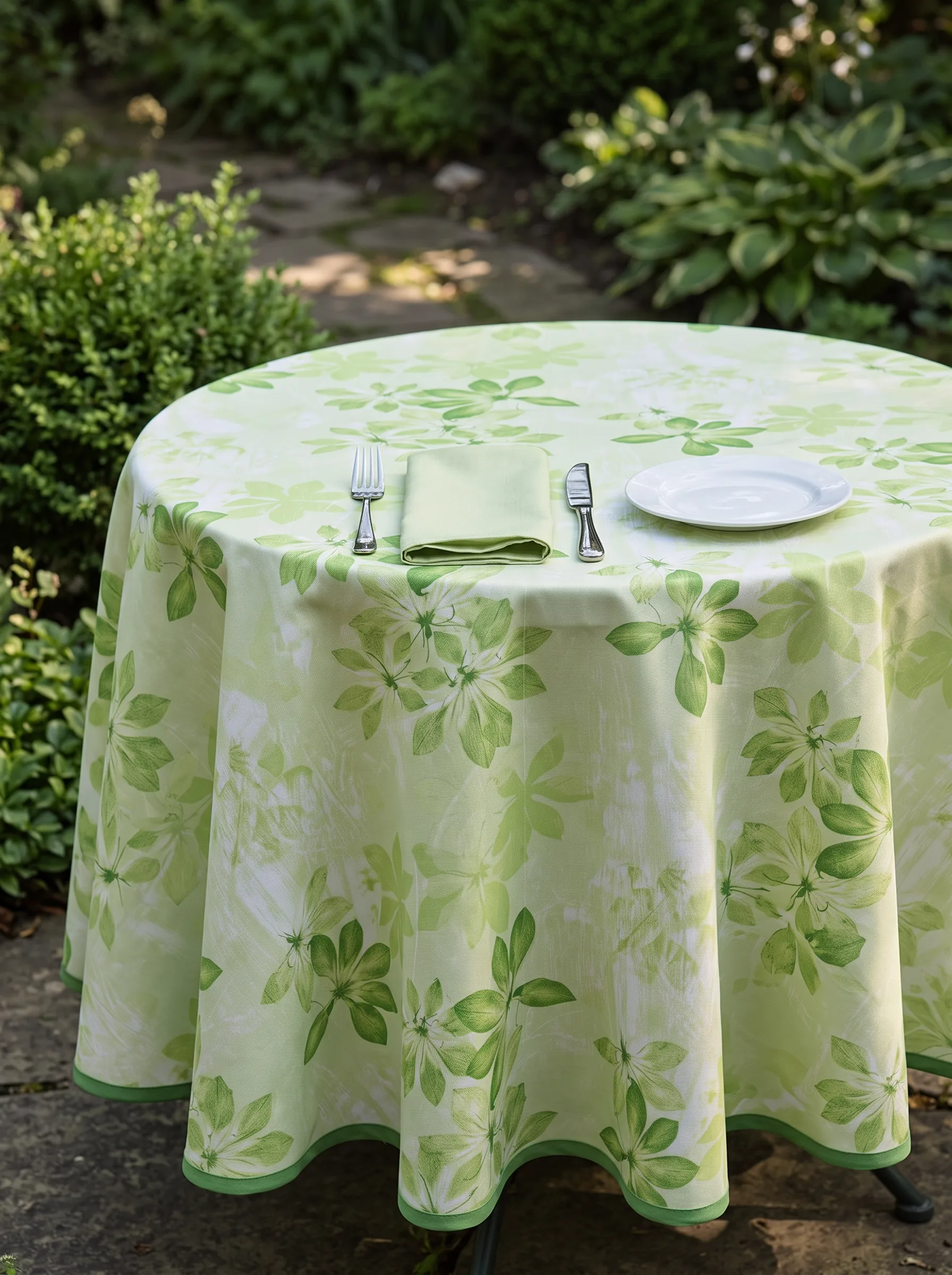 Nappe polyester sur mesure Feuillage vert – motif grandes feuilles tropicales vert foncé sur fond blanc