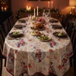 Toile cirée déco Père Noël Vintage sur grande table ovale dressée pour huit – motif médaillons baroques et étoiles rouges fond beige bois, volaille rôtie, assiettes ardoise, verres en cristal et bougies blanches, salle à manger ambiance réveillon