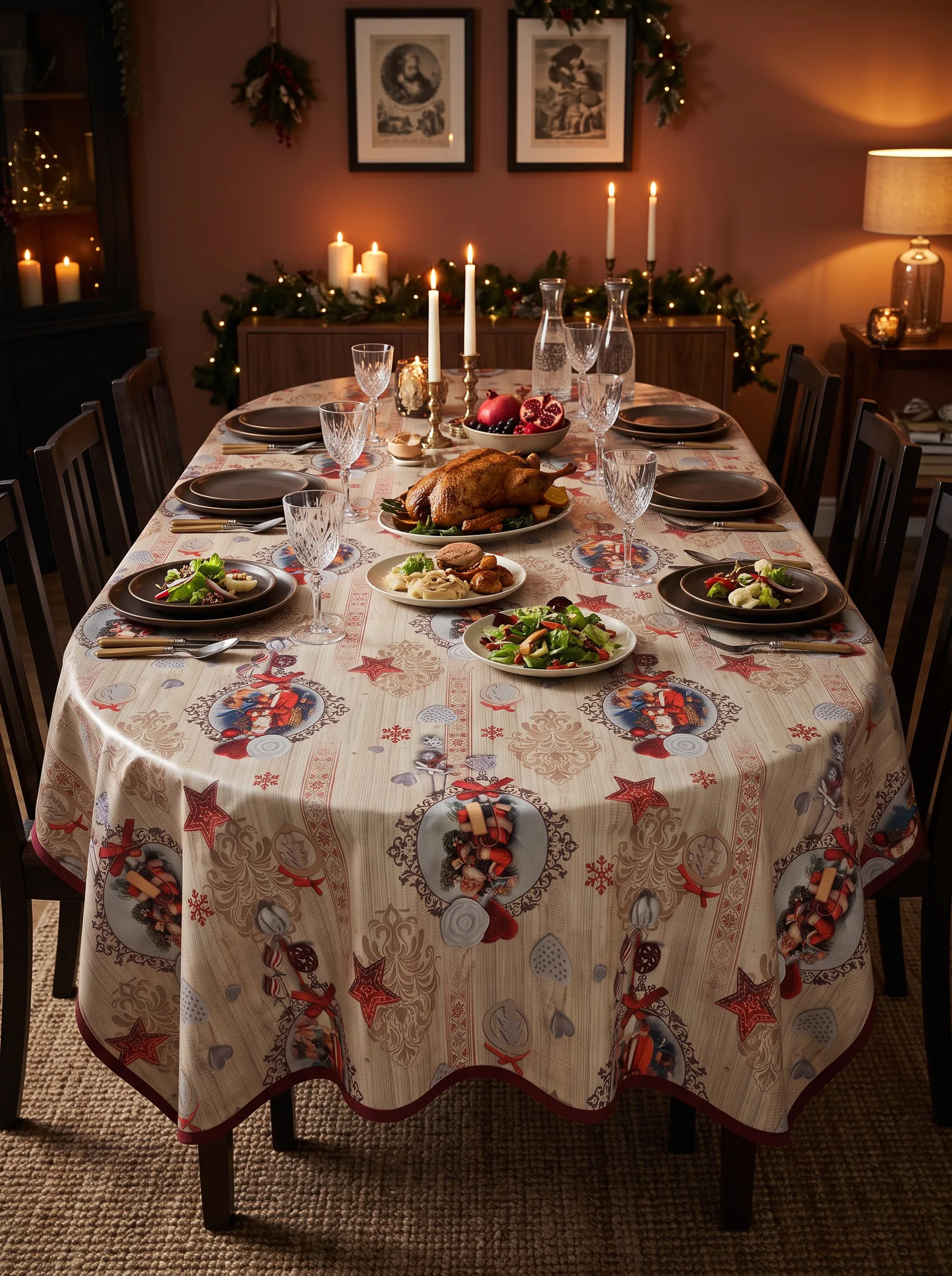 Toile cirée déco Père Noël Vintage sur grande table ovale dressée pour huit – motif médaillons baroques et étoiles rouges fond beige bois, volaille rôtie, assiettes ardoise, verres en cristal et bougies blanches, salle à manger ambiance réveillon