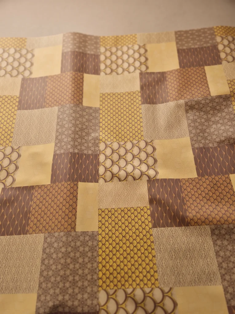 Toile cirée molletonné Moderne Beige – motif patchwork géométrique en camaïeu de beige, brun et or, OEKO-TEX®, largeur 140 cm
