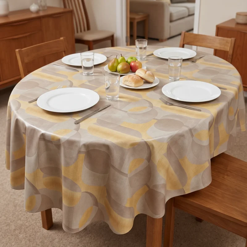 Toile cirée molletonné Graphique Jaune – motif géométrique arrondi en jaune miel, beige et gris, OEKO-TEX®, largeur 140 cm