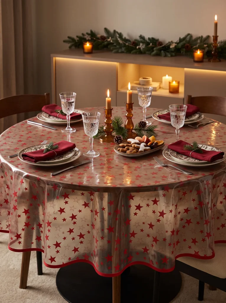 Toile cirée transparente Étoile Rouge sur table ronde dressée pour quatre – étoiles rouges all-over, biais rouge, verres en cristal, serviettes bordeaux, chandeliers ambrés et plateau de biscuits de Noël, guirlande de sapin en arrière-plan