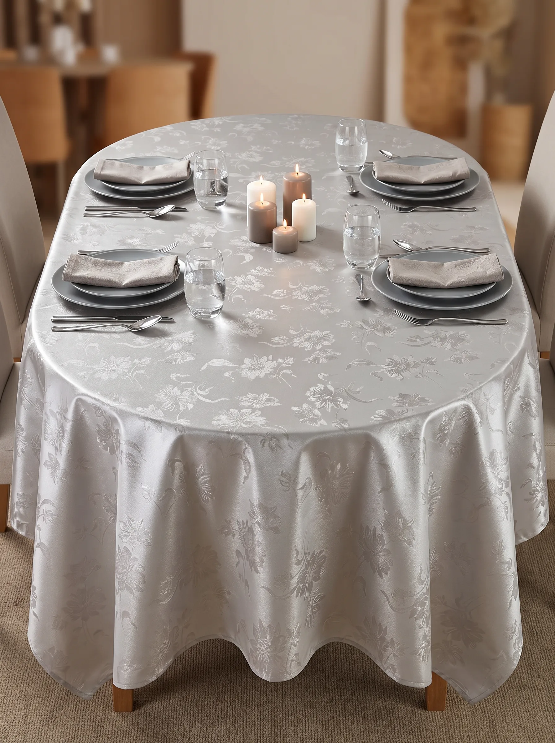 Toile cirée molletonné Damast Gris – motif floral façon damassé en camaïeu de gris et blanc, OEKO-TEX®, largeur 140 cm