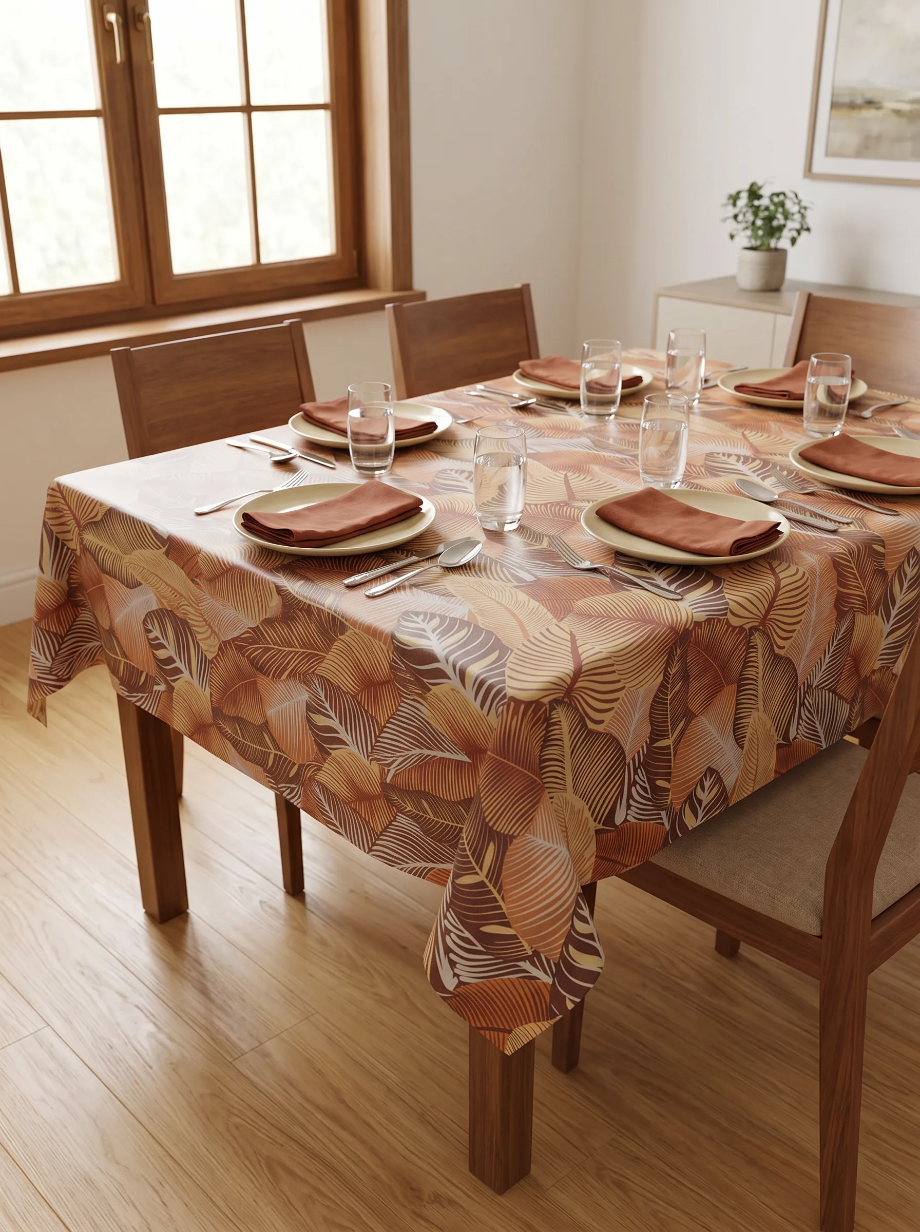 Toile cirée molletonné Mano Terracotta – grand feuillage tropical en tons terracotta et caramel, OEKO-TEX®, largeur 140 cm