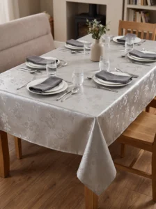 Toile cirée molletonné Damast Gris – motif floral façon damassé en camaïeu de gris et blanc, OEKO-TEX®, largeur 140 cm