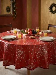 Toile cirée déco Étoile Argentée sur table ronde dressée pour quatre – motif étoiles argentées all-over fond rouge vif, plateau de fruits d'hiver, bougies chauffe-plat et branchages de sapin, ambiance réveillon salon chaleureux