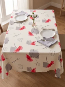 Nappe polyester sur mesure Poppies blanc drapée sur table – rendu floral poétique et lumineux