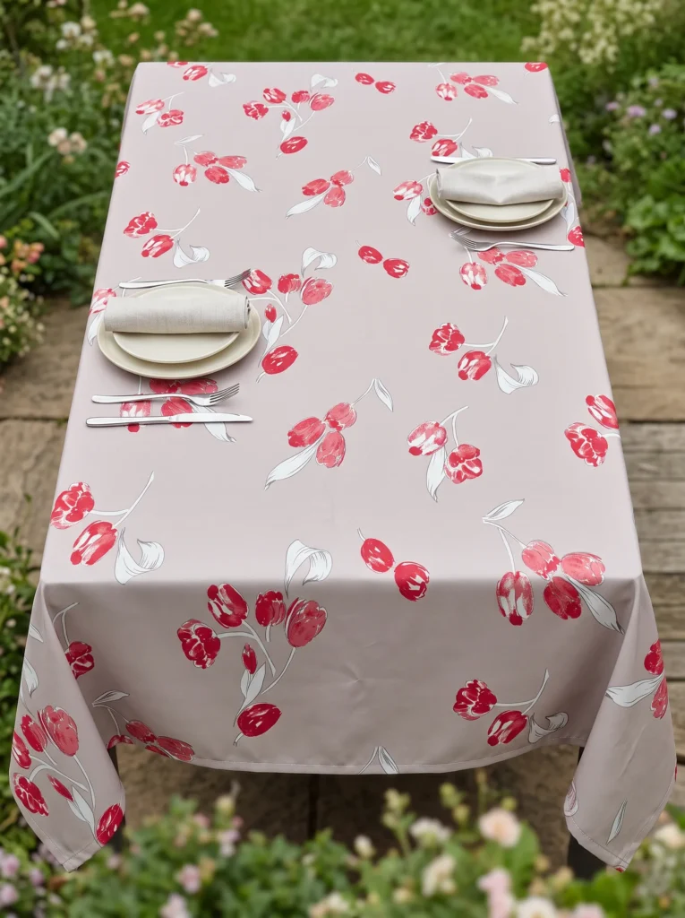 Nappe polyester sur mesure Tulipe taupe drapée sur table – rendu floral printanier et élégant