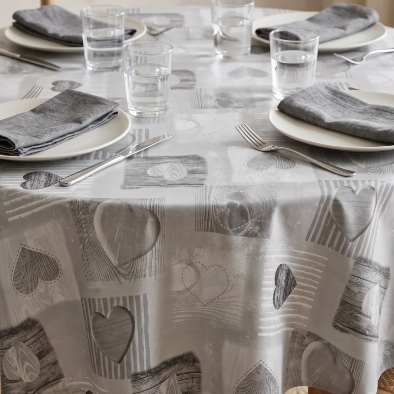 Toile cirée molletonné Tendresse Gris – motif cœurs graphiques en camaïeu de gris et blanc, OEKO-TEX®, largeur 140 cm