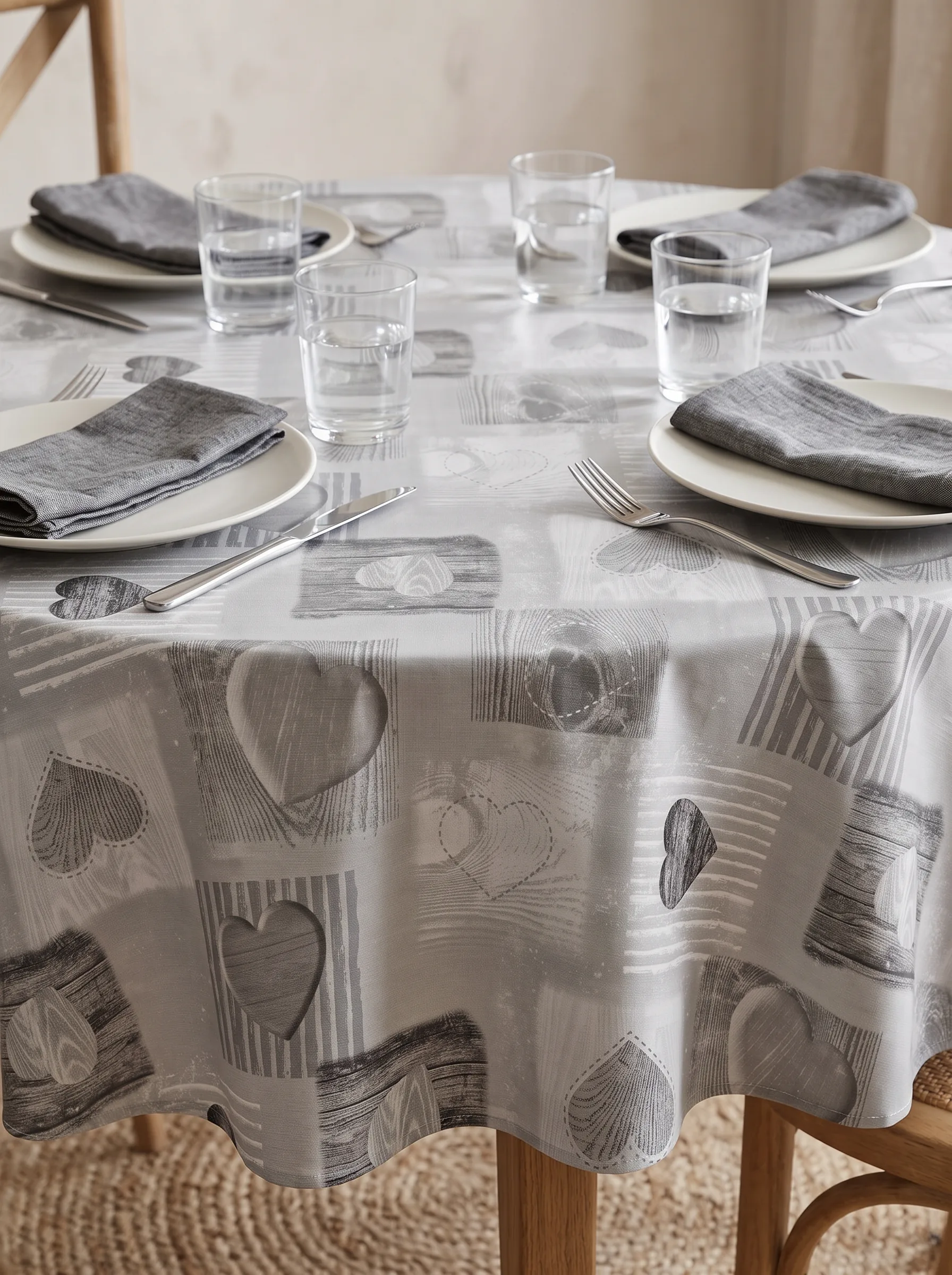 Toile cirée molletonné Tendresse Gris – motif cœurs graphiques en camaïeu de gris et blanc, OEKO-TEX®, largeur 140 cm