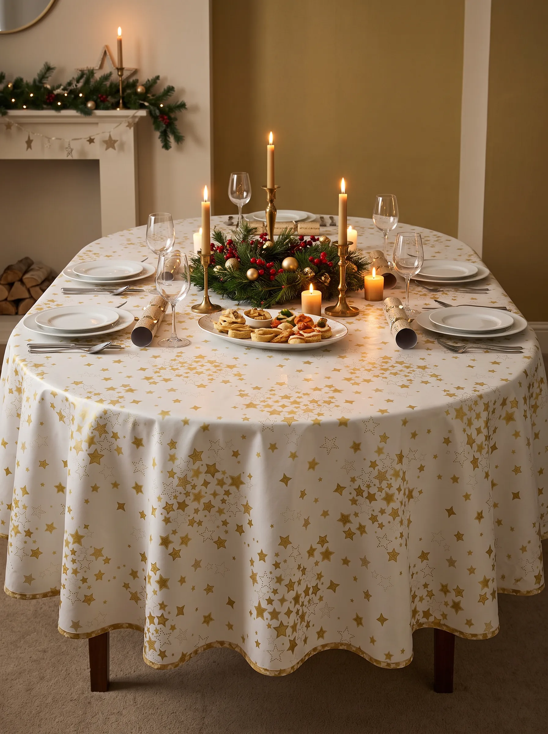 Toile cirée déco Étoile d'Or sur table ovale dressée pour Noël – motif étoiles dorées all-over fond blanc crème, bougies dorées et couronne végétale centrale, ambiance réveillon