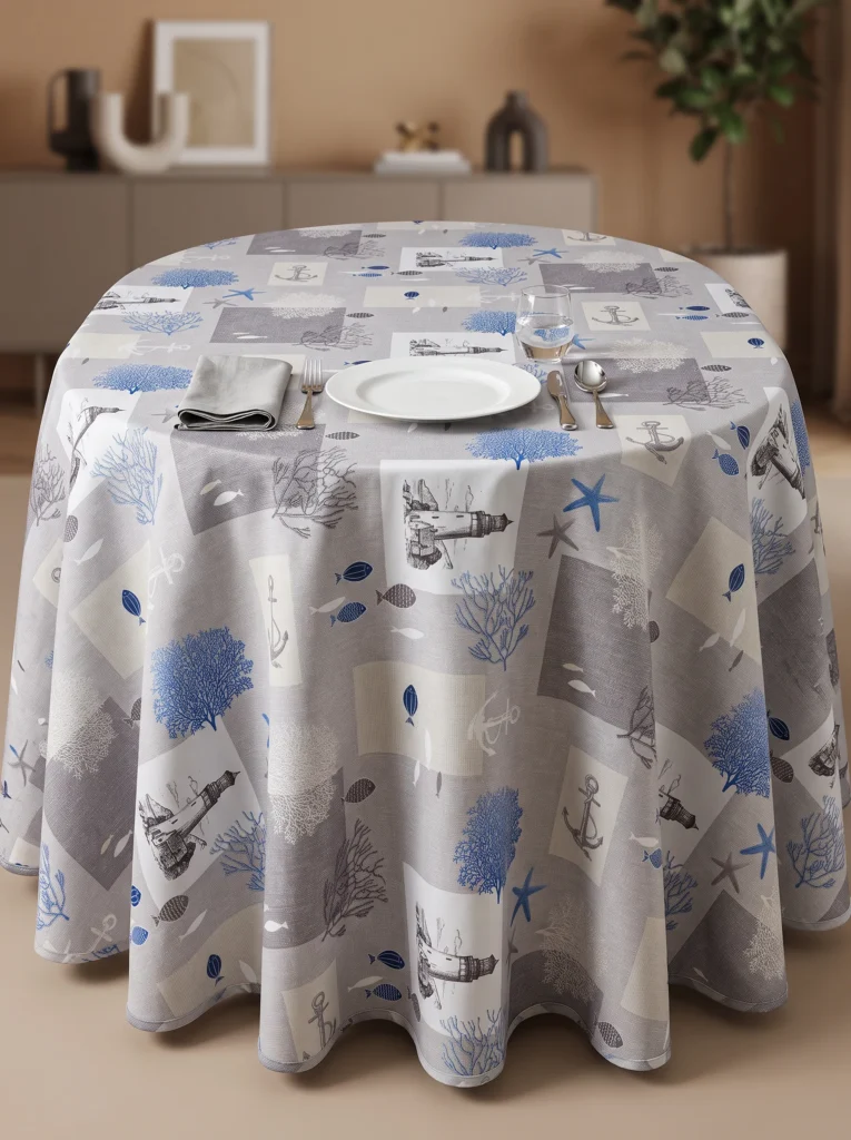 Nappe polyester sur mesure Atlantide drapée sur table – rendu marin côtier et raffiné