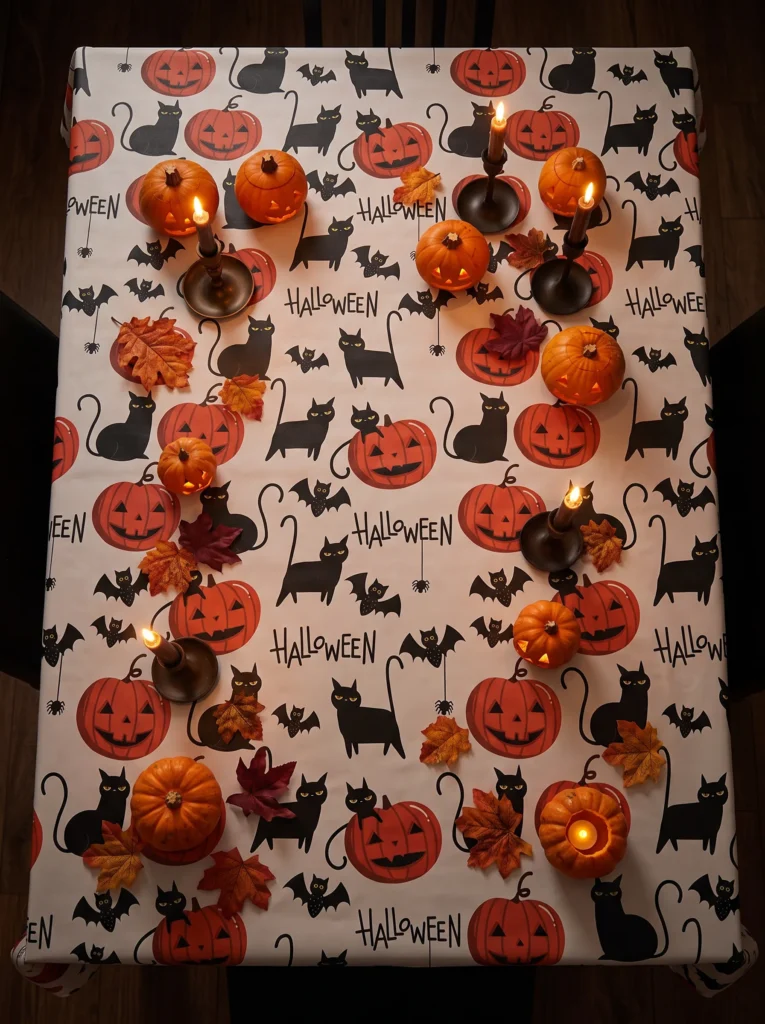 Toile cirée Halloween – motif citrouilles orange, chats noirs et chauve-souris sur fond blanc, largeur 140 cm
