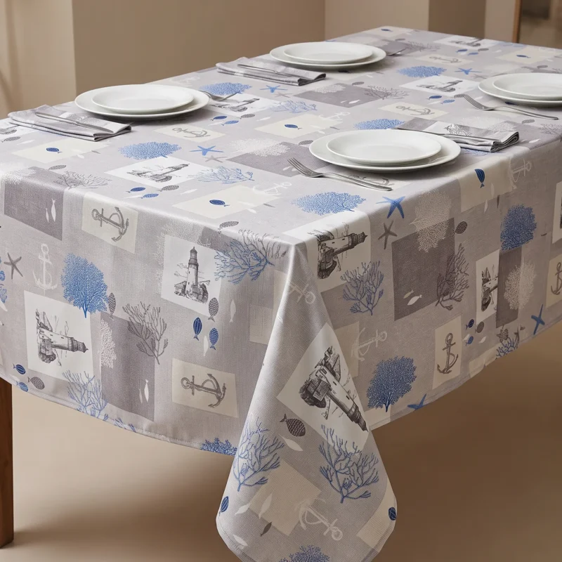 Nappe polyester sur mesure Atlantide – motif patchwork marin phares, ancres et coraux bleu azur et gris sur fond blanc