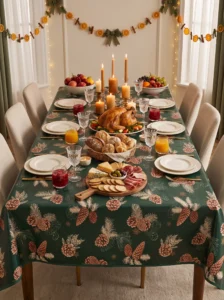 Toile cirée déco Pomme de Pin sur grande table rectangulaire dressée pour le réveillon – dinde rôtie, plateau de fromages, bougies et guirlande d'oranges séchées