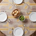 Toile cirée molletonné Graphique Jaune – motif géométrique arrondi en jaune miel, beige et gris, OEKO-TEX®, largeur 140 cm