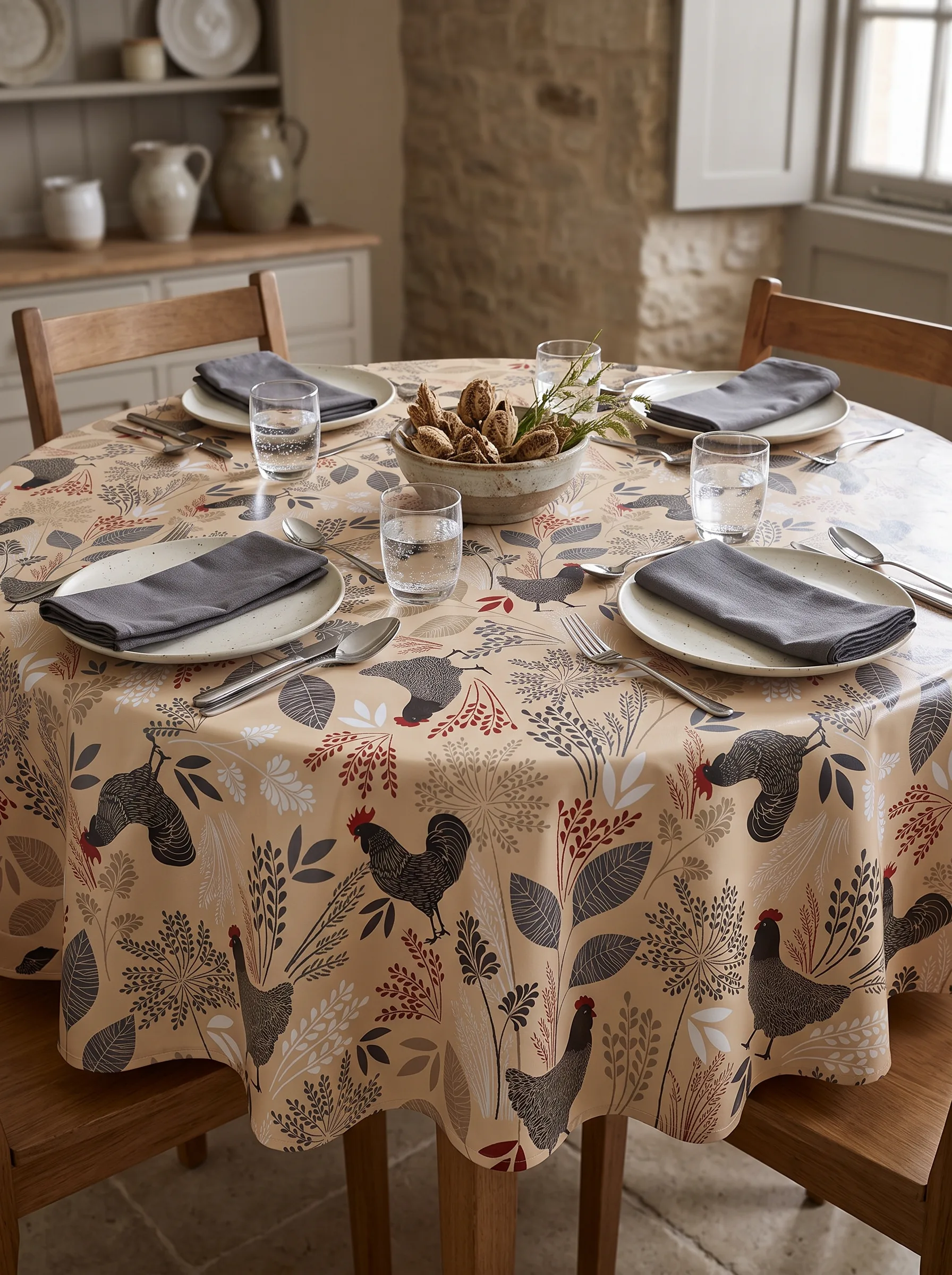Toile cirée déco Cotcot beige sur table ronde dressée – motif coqs et poules graphiques gris anthracite et rouge bordeaux sur fond beige sable, ambiance cuisine de campagne