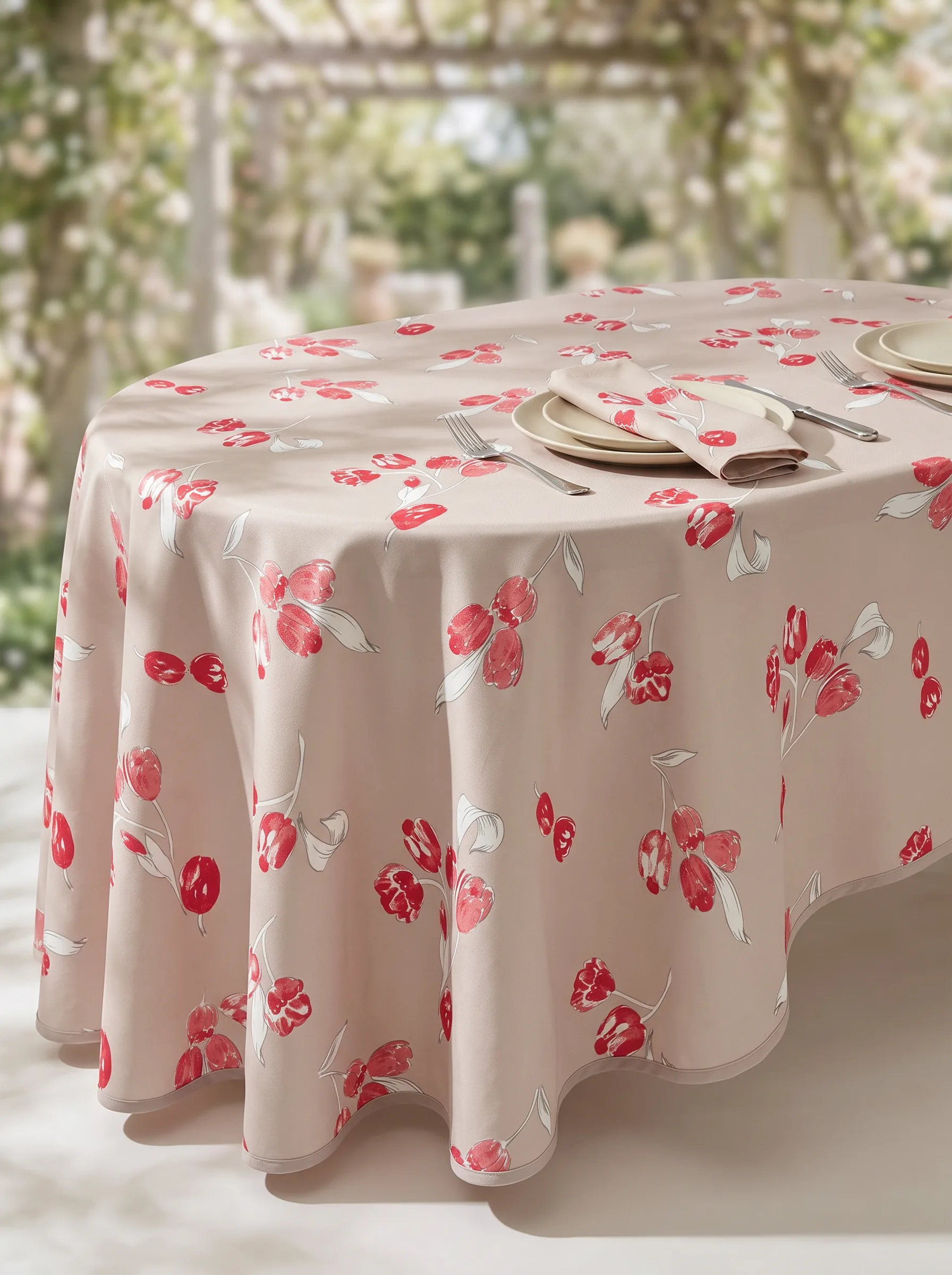 Nappe polyester sur mesure Tulipe taupe sur table ovale – motif floral rouge et taupe, rendu élégant