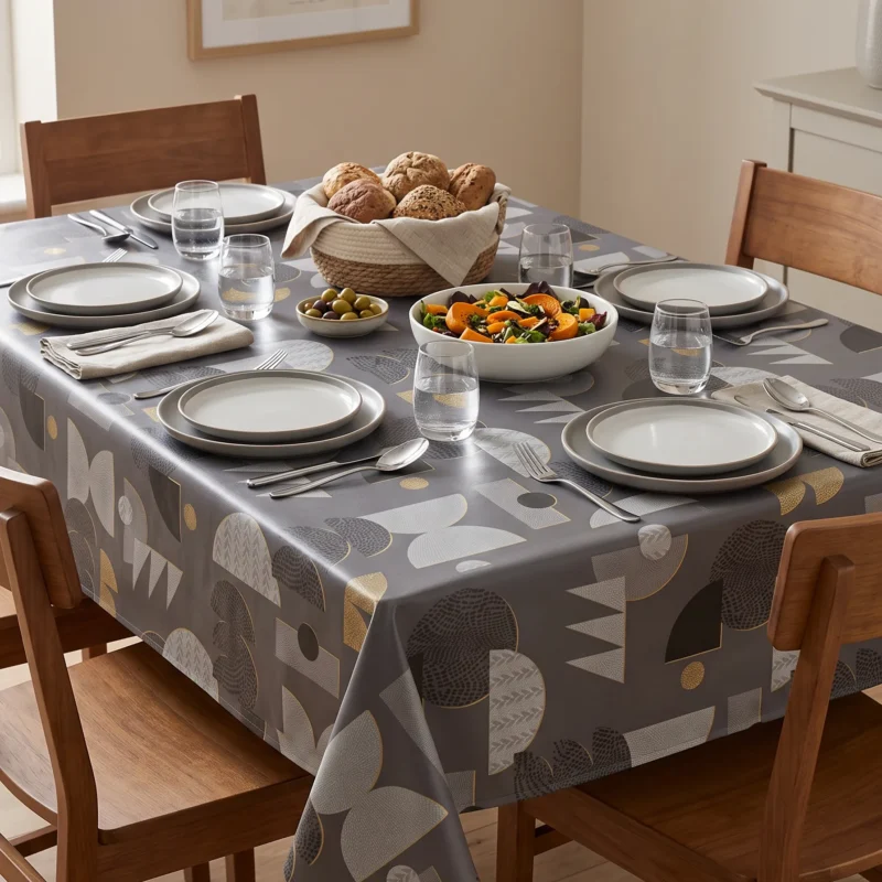 Toile cirée molletonné Ribe Or – motif géométrique graphique en gris ardoise et touches dorées, OEKO-TEX®, largeur 140 cm