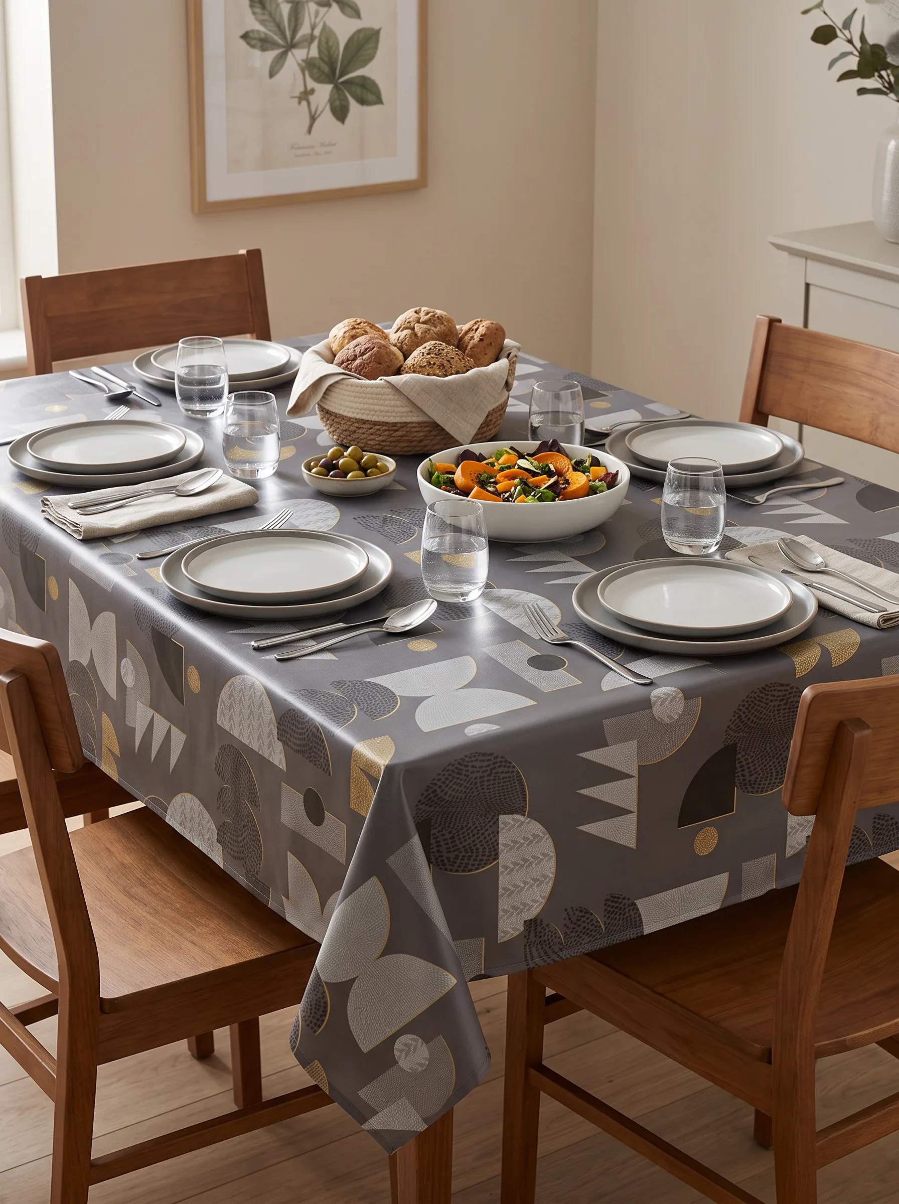 Toile cirée molletonné Ribe Or – motif géométrique graphique en gris ardoise et touches dorées, OEKO-TEX®, largeur 140 cm
