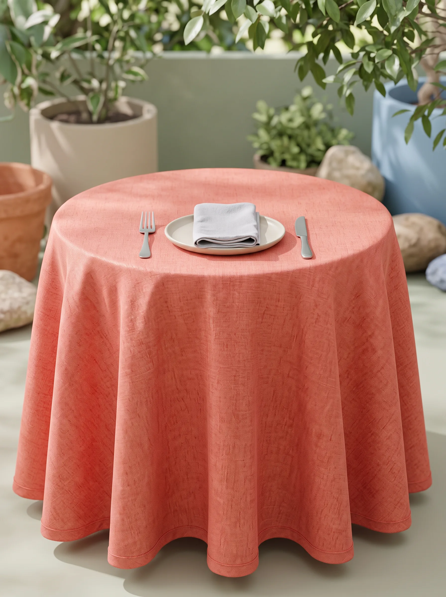 Nappe polyester sur mesure Aubade terracotta sur table ronde – coloris uni terracotta chaud, rendu estival et élégant