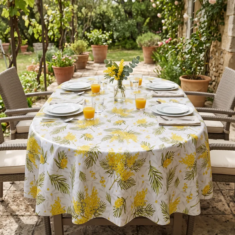 Toile cirée déco Mimosa blanc sur grande table ovale dressée en terrasse provençale – grappes de mimosa jaune doré et feuillages verts sur fond blanc, grande tablée estivale