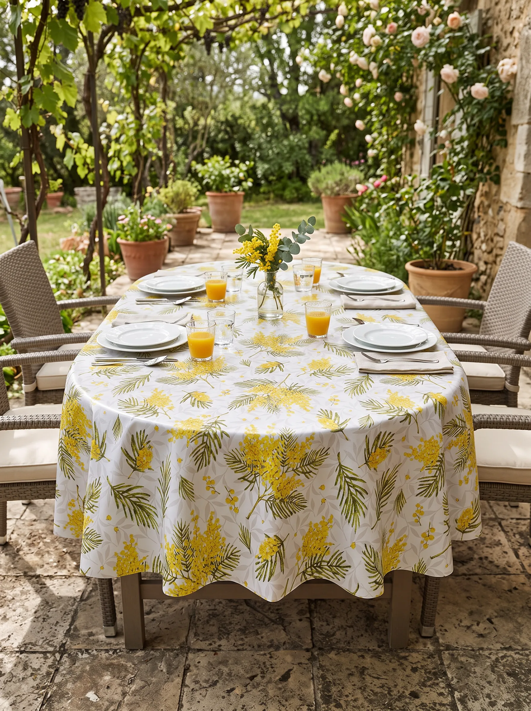 Toile cirée déco Mimosa blanc sur grande table ovale dressée en terrasse provençale – grappes de mimosa jaune doré et feuillages verts sur fond blanc, grande tablée estivale