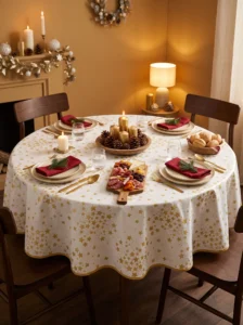 Toile cirée déco Étoile d'Or sur table ronde dressée pour Noël – motif étoiles dorées fond blanc crème, serviettes bordeaux, plateau de charcuterie et bougies dorées
