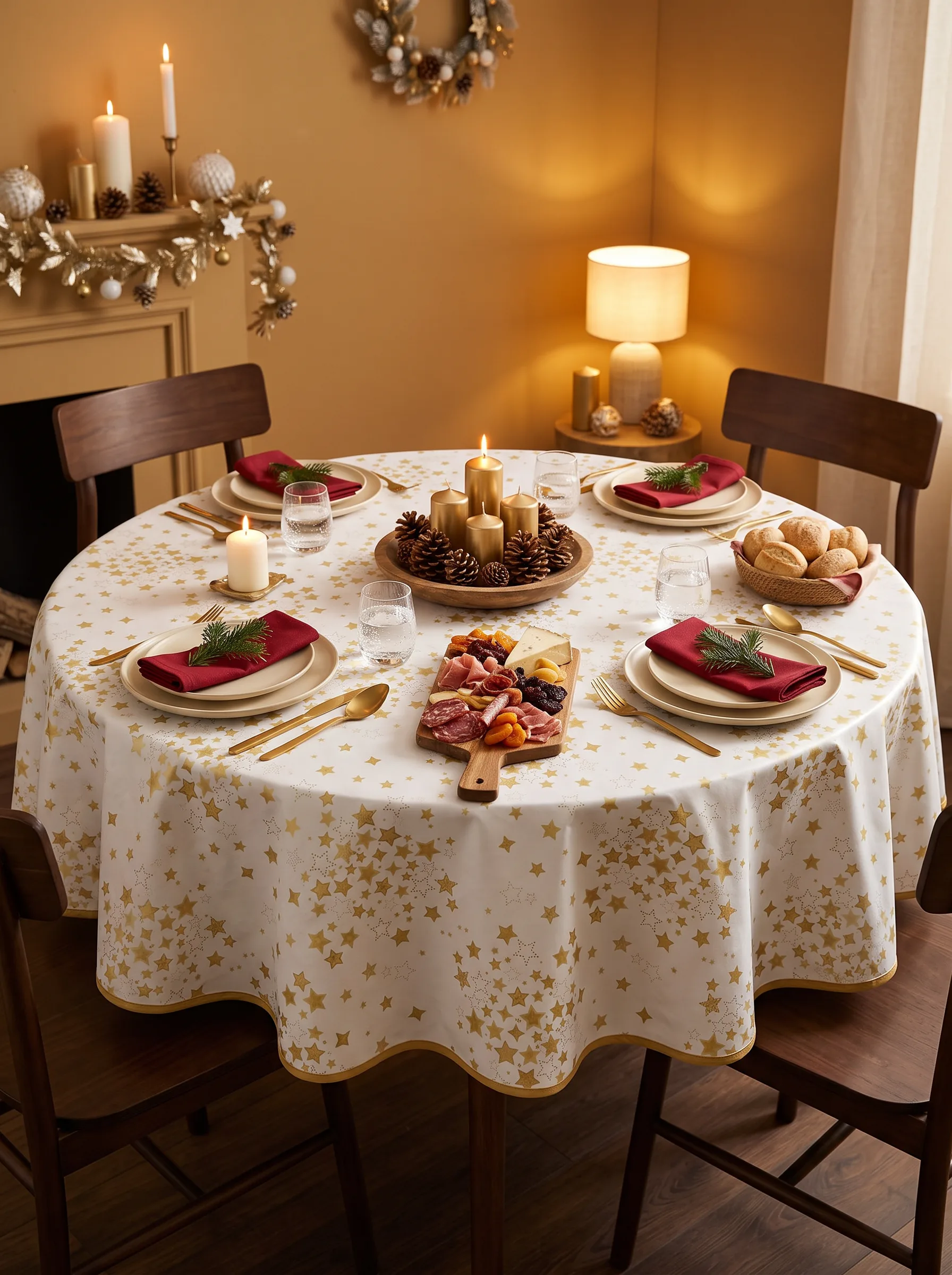 Toile cirée déco Étoile d'Or sur table ronde dressée pour Noël – motif étoiles dorées fond blanc crème, serviettes bordeaux, plateau de charcuterie et bougies dorées