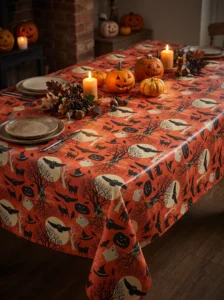 Toile cirée Happy Halloween – motif festif chats noirs, citrouilles et fantômes sur fond rouge orangé, largeur 140 cm