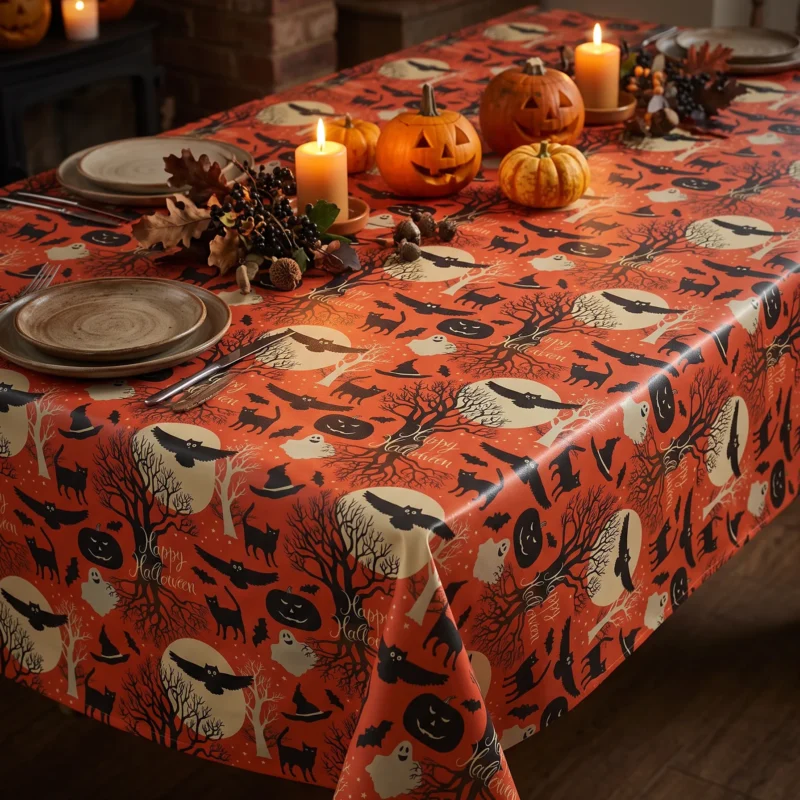 Toile cirée Happy Halloween – motif festif chats noirs, citrouilles et fantômes sur fond rouge orangé, largeur 140 cm
